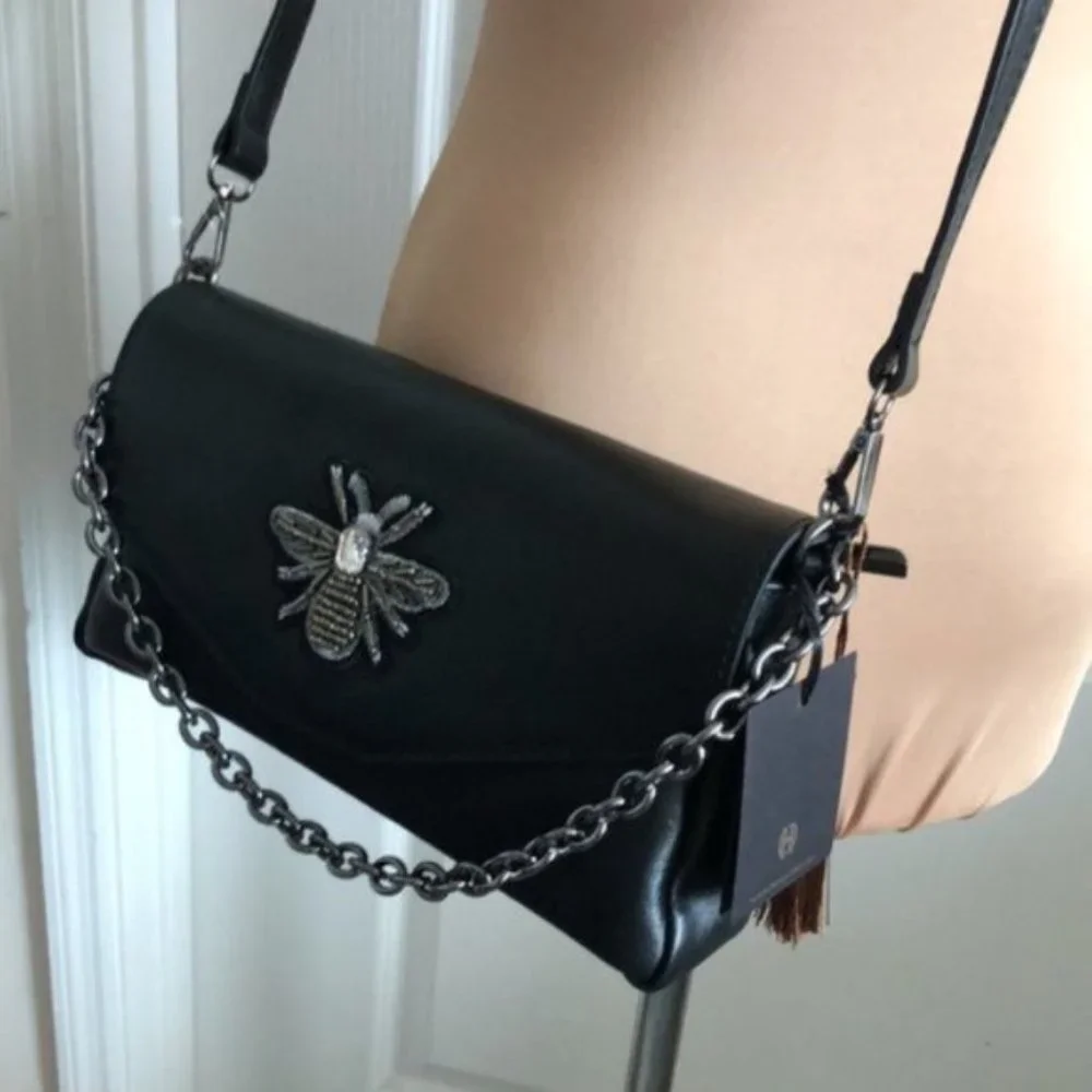 House of Harlow 1960 Gen Leather Crossbody Handbag Black Italy Bee Accent